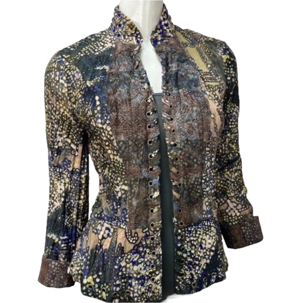 Alberto Makali Embellished Rhinestone Whipstitch Beaded Lace Blue Gray Jacket 4